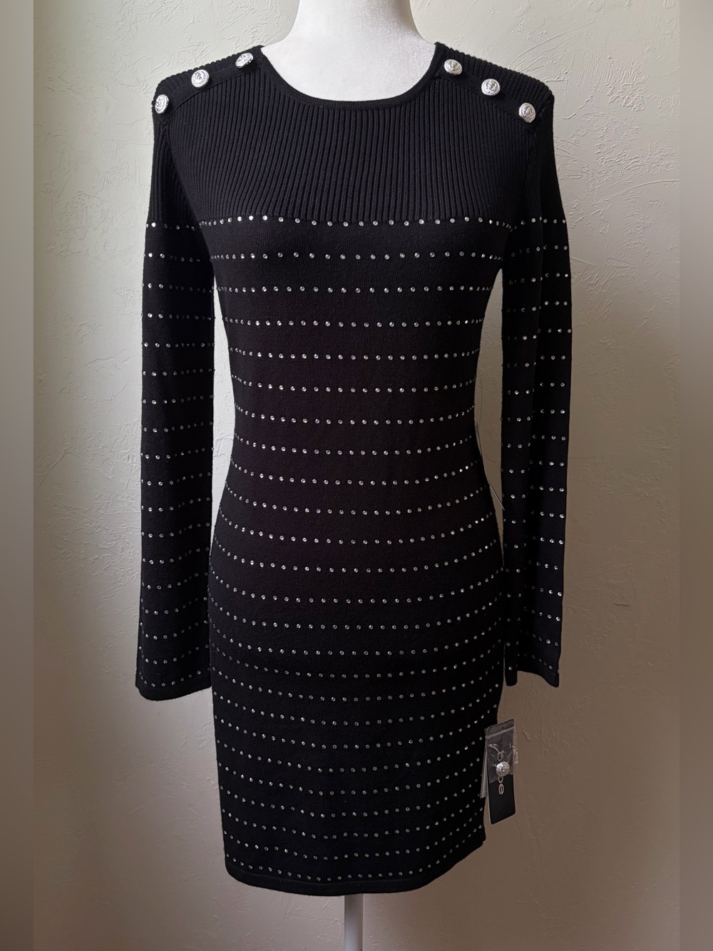 Bebe Black Silver Studded Ribbed Sweater Mini Dress M